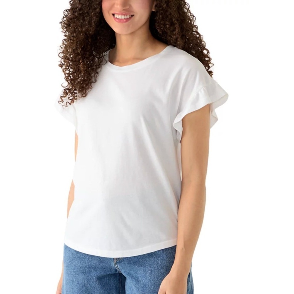 Crown & Ivy Womens Size Petite Medium Ruffle T-Shirt White Crewneck Cotton Modal